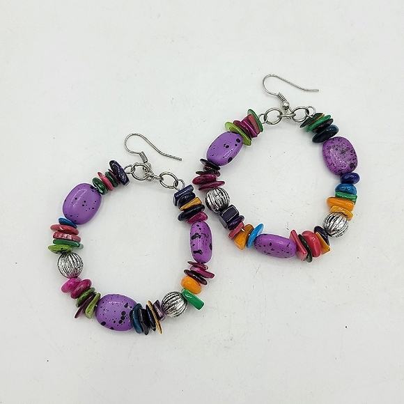 Beaded Multicolor French Hook Dangle Hoop Earrings Boho 90s Vintage - Picture 7 of 7